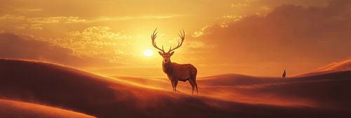 Een hert in de verlaten zandvlakte bij een vurige ondergaande zon