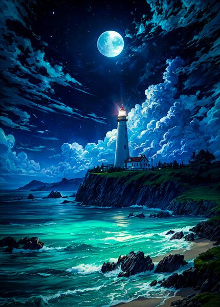 Phare au clair de lune sur les falaises par Ruzerin
