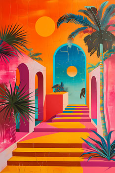 Retro Miami Tropical Architecture – Levendige vaporwave-kunst uit de jaren 80