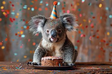 Grappige koala viert verjaardag met taart en confetti van Felix Brönnimann
