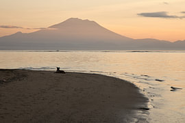Stiller Morgen mit hund am Strand mit Blick auf den Gunung Agung, sanur, Bali von Fotos by Jan Wehnert