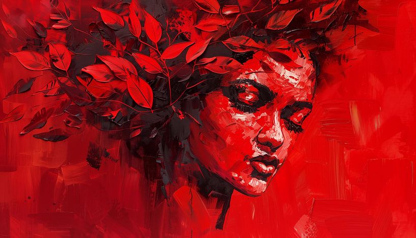 Woman in red flowers abstract panorama by TheXclusive Art
