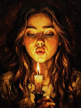 Mysteriöses Porträt: Frau mit Kerze in Ölgemälde von Ramy Salah Hefny