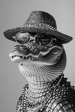 Stijlvolle alligator met hoed en bril, zwart-wit portret van Felix Brönnimann