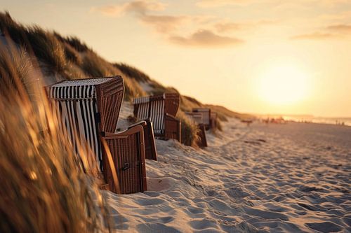 Strandstoelen op het strand in het avondlicht
