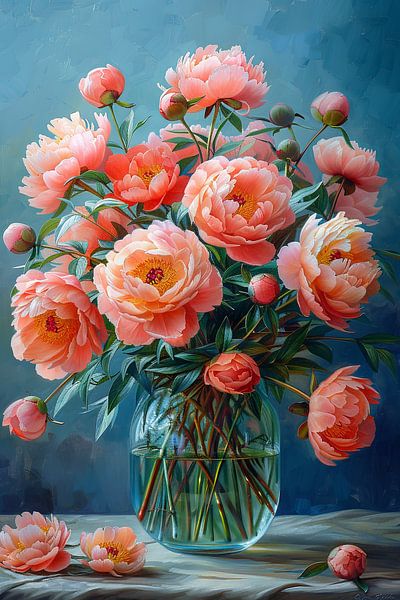 Elegante pioenrozen in een glazen vaas op een blauwe achtergrond van Poster Art Shop