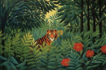Majestueuze Tijger in de Jungle - Schilderij in de Stijl van Henri Rousseau van Roger VDB