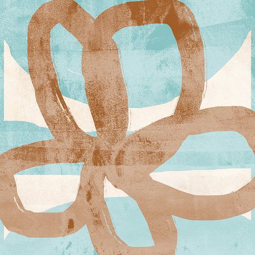 Bruine bloem op wit en lichtblauw. Modern kleurrijk abstract.