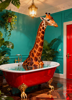 Een giraf die zich wast in een retro kamer in felle dierenprint