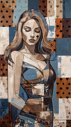 Expressief kunstwerk schoppenvrouw - portret vrouw met warme kleuren