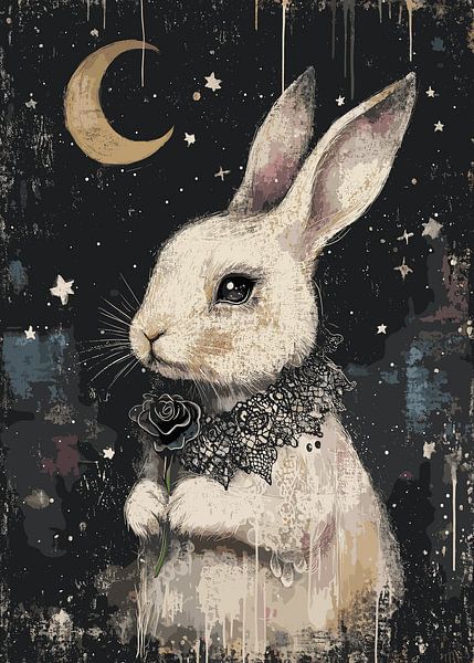 Lapin gothique avec rose noire et lune par Pixelbull Design