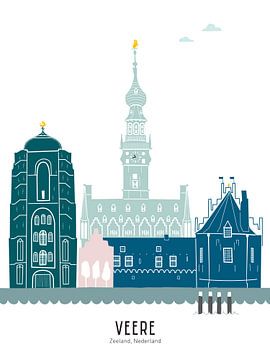 Skyline illustratie stad Veere in kleur van Mevrouw Emmer