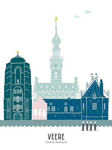 Skyline illustratie stad Veere in kleur