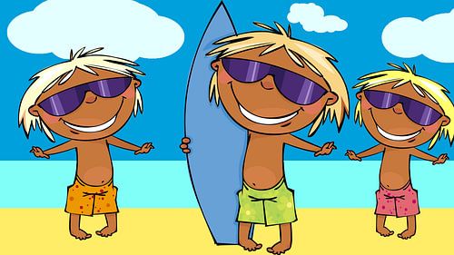 3 Surf dudes op het strand