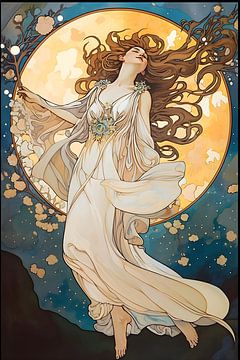 Dansende vrouw met lange witte jurk in maanlicht, stijl Alphonse Mucha van Jan Bechtum