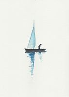 Origineel handgeschildere aquarel van eenzaam bootje met figuur