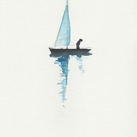 Original handgemaltes Aquarell eines einsamen Bootes mit Figur von Yvette Stevens