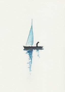 Aquarelle originale peinte à la main d'un bateau solitaire avec un personnage sur Yvette Stevens