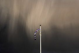 Wimpel met de Friese pompebled opdruk in de zon en regen van Harrie Muis