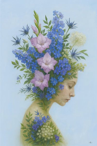 Woman with flowers art painting by Kleurenrijk