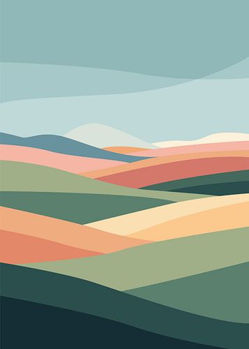Minimalistische platte illustratie van kleurrijke, golvende heuvels en velden onder een zachte hemel.