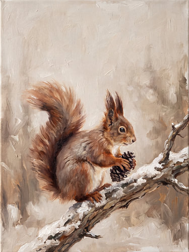 Red squirrel with pine cone – Winter Stillness