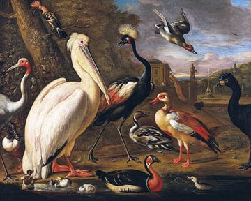 A pelican and other birds by the water, Associate of Melchior de Hondecoeter