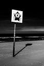 Image en noir et blanc d'un panneau avec un clown sur la plage par Wim Stolwerk Aperçu