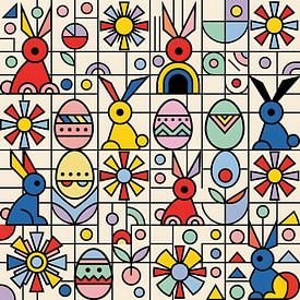 Modern geometrisch paaspatroon met konijntjes en eieren van Clay Artista