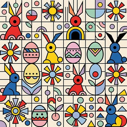 Modern geometrisch paaspatroon met konijntjes en eieren