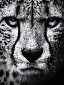 Gepard – Fokussierter Blick und gespannte Eleganz in Schwarzweiß
