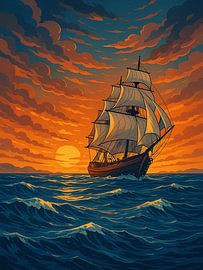 High Resolution Nautical Scene – Ship on Open Sea at Golden Hour by RavenC Store