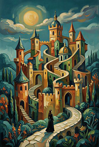 Whimsical Impasto Fantasy Castle with Winding Stairs and Moonlight