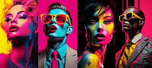 Panoramaporträt Frauen und Männer mit bemaltem Gesicht und Sonnenbrille, Bodypainting-Pop-Art-Design vertikal