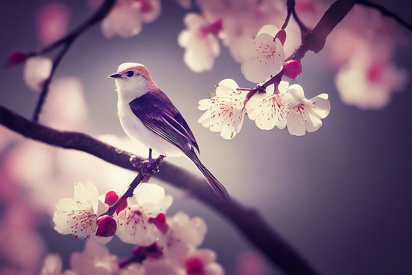 Rouge-gorge sur un cerisier en fleurs au printemps par Animaflora PicsStock