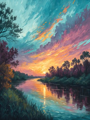 Omarming door rivier's schemering