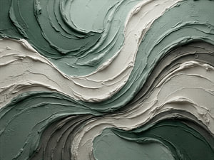 Modern Abstract: Gelaagd reliëf in vergrijsd groene dikke verf (impasto)