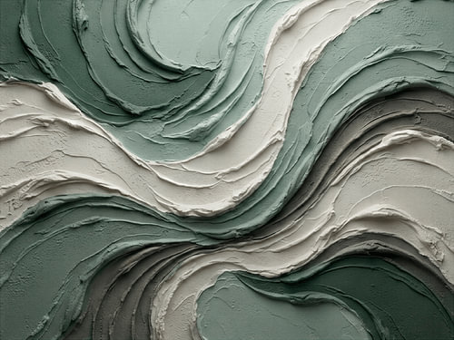 Modern Abstract: Layered relief in thick, greyish-green paint (impasto)