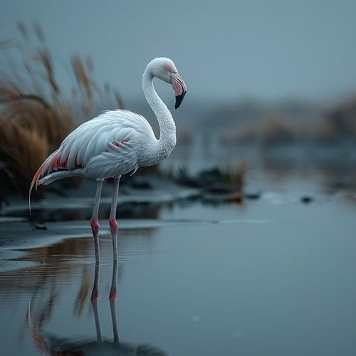 Flamant rose se tenant debout dans les reflets d'une eau calme