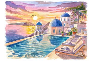 Santorini Oia Blaue Kuppeln Reisekunst mit Blick auf den Infinity-Pool