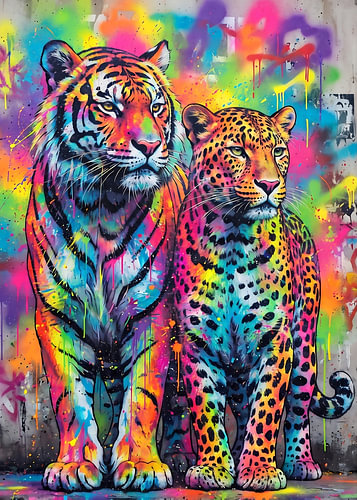 Un art de rue haut en couleur : un tigre et un léopard
