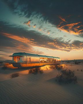 Zonsondergang voor een woestijnrestaurant van fernlichtsicht