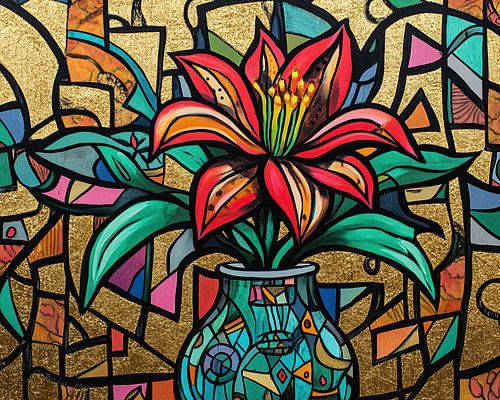 Blume in Vase | Abstrakte Blume in Gold Hintergrund