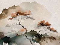 Japandi Art schilderij: Japans ZEN Berglandschap