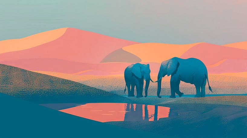 Des éléphants au bord de l'eau calme par Poster Art Shop