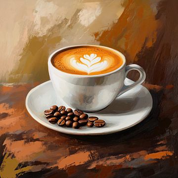 Koffiekunst: kopje met coffee art en koffiebonen abstract van Mel Digital Art