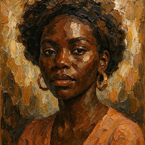 Krachtig portret van Afrikaanse dame (donkere huidskleur, oorbellen, afro stijl kort haar, dikke verf, schilderij, aardetinten, realistisch)
