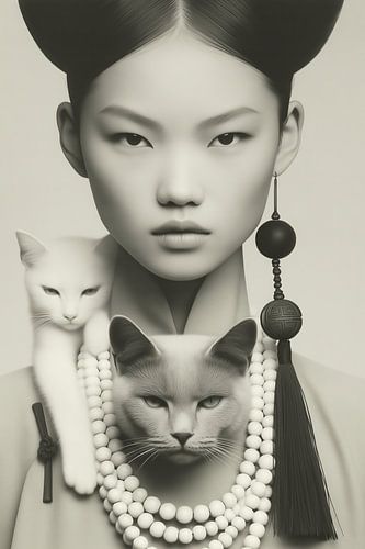 Femme sereine avec des chats