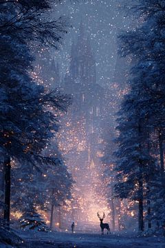 Château dans la lumière d'hiver Scène de forêt enneigée mystique