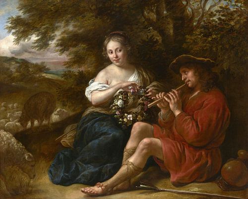 Elegante herderin luisterend naar een herder in een arcadisch landschap, Govert Flinck